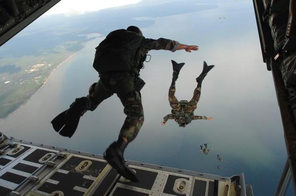 Military special forces jumping from a plane