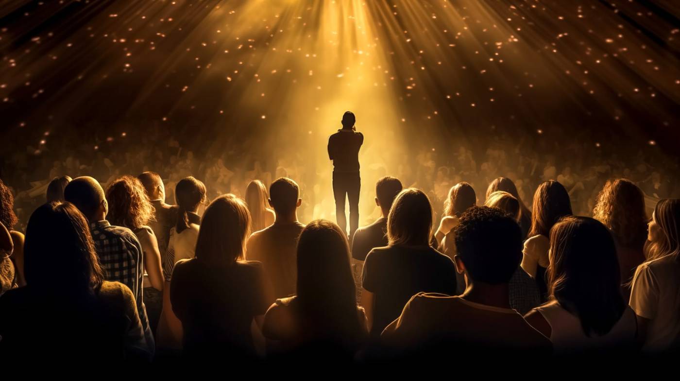 Inspirational speaker standing before a crowd